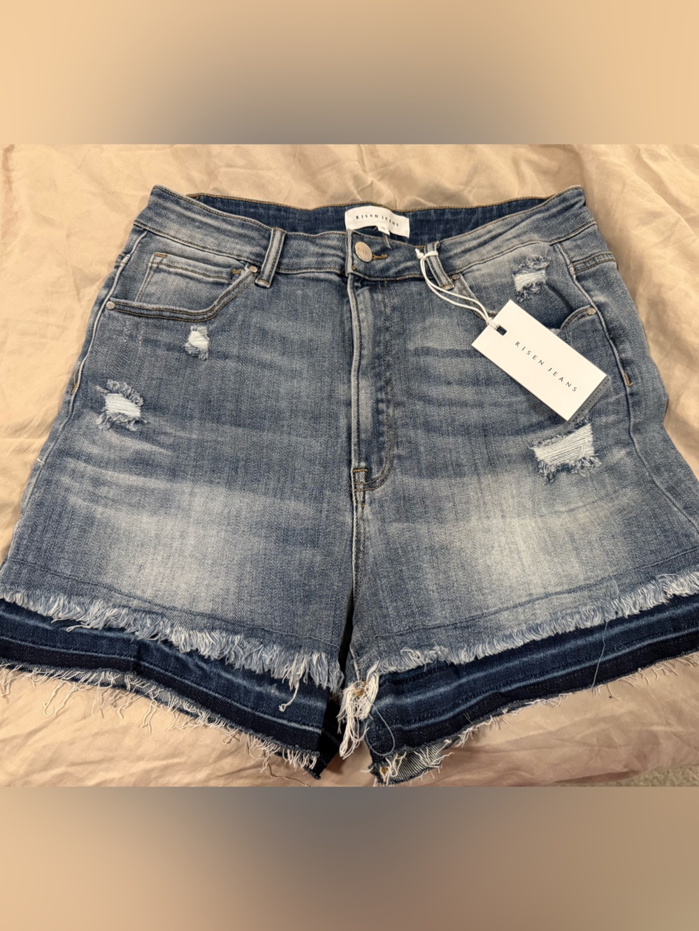 Risen Jeans Women's Distressed High-Rise Denim Jean Shorts - Light Blue